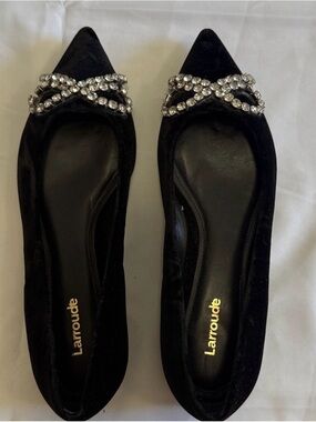 Larroude Black Velvet Pointed Toe Flats with Crystal Accent
